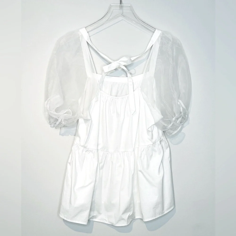 Tuckernuck Pomander Place Tinsley Organza Puff Sleeve White Top Shirt Blouse L - Picture 2 of 12